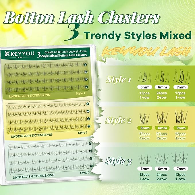 KEYYOU Bottom Lash Clusters DIY Eyelash Extensions 3 Styles Lower Lashes Wispy Bottom Individual Lashes 5-7mm Natural Thin Band Eyelash Clusters (Bare)