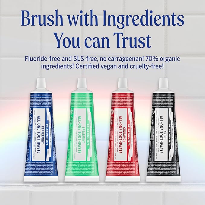 Dr. Bronner’s All-One Toothpaste – Anise, 5 oz, 3-Pack – Fluoride-Free Toothpaste for Adults, SLS-Free, 70% Organic & Natural Ingredients, Vegan, Helps Freshen Breath, Reduce Plaque, Whiten Teeth
