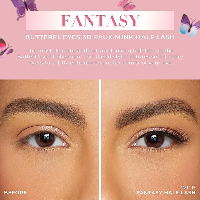 Lilly Lashes Butterfl'eyes Faux Mink Lashes, Half Lashes Natural Look & Feel, False & Reusable Eyelashes 20x, No Trimming + Easy to Apply, Round Style, Lash Glue not Included, 13mm (Fantasy)