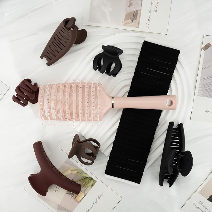 Dark Tones Hair Accessories Set - 3 Large Hair Claw Clips, 3 Small Claw Clips, Hair Brush, 28 Hair Ties for Women | Non-Slip for Thick & Thin Hair (Burgundy, Brown, Black)
