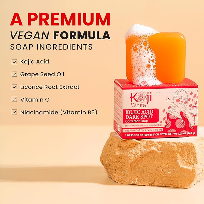 Koji White 4% Kojic Acid Dark Spot Corrector Soap For Exfoliating & Moisturizes with Vitamin C, Licorice Root Extract, Hydrating & Even Skin Tone Cleansing Bar for Face & Body, Vegan, 3.52 Oz (2 Bars)