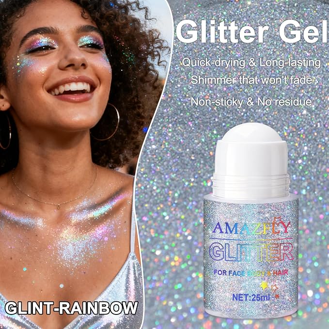 Roll-on Body Glitter Gel Holographic for Face and Hair,Body Glitter Gel Makeup for Kids Women,Body Shimmer Christmas Makeup for Rave Party.(Glint-Rainbow)