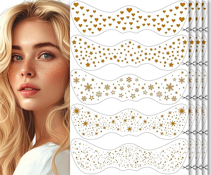 20PCS Glitter Freckles Face Tattoo, 4 Sheets/5 Styles Face Glitter Freckles for Festival & Rave, Waterproof Temporary Face Glitter Freckle Tattoo for Halloween Christmas Concerts Sparkle Makeup (Gold)