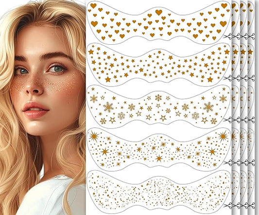 20PCS Glitter Freckles Face Tattoo, 4 Sheets/5 Styles Face Glitter Freckles for Festival & Rave, Waterproof Temporary Face Glitter Freckle Tattoo for Halloween Christmas Concerts Sparkle Makeup (Gold)