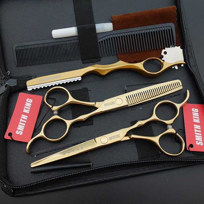 6.0 Inches Professional hair cutting thinning scissors set with razor (Gold)