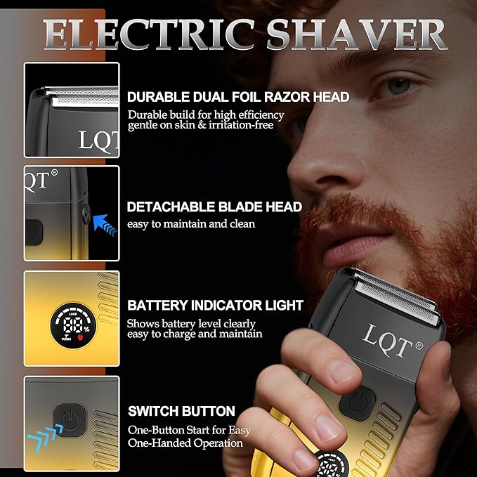 3-in-1 Barber Kit, Professional Hair Clipper, T-Blade Trimmer & Foil Shaver Set, Long-Lasting Battery, LED Display, Cordless Rechargeable Hair Cutting Tools for Men, Gold, Home-use, Gifts for Men