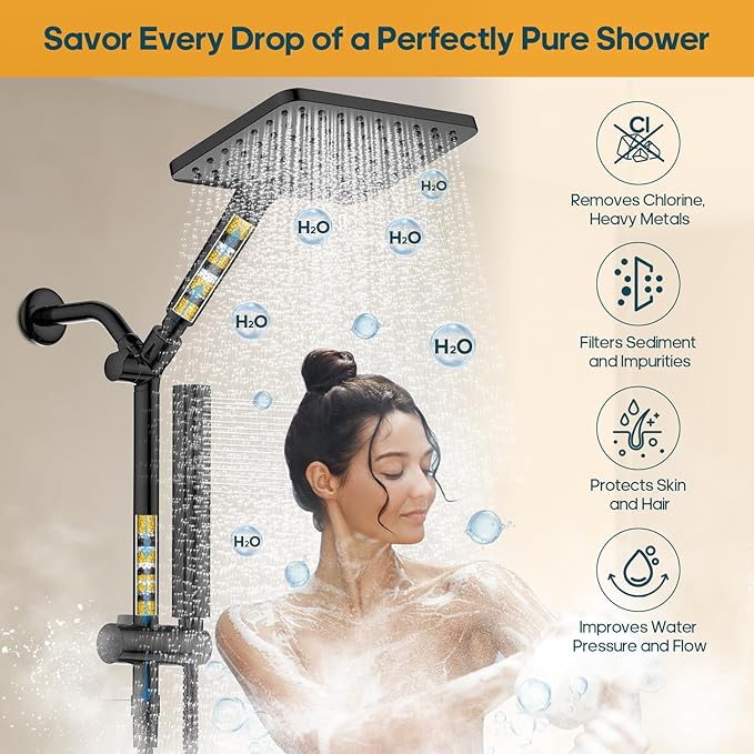 Hombeter Filtered Shower Head with Handheld Combo High Pressure Shower Head with Filters 10 Inch Rain Shower Head Height Adjustable Dual Water Softener Shower Head for Hard Water - Removes Chlorine
