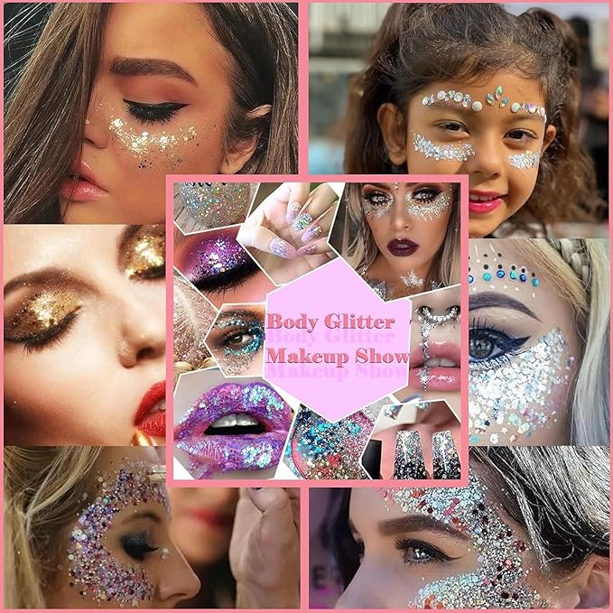 Body Glitter Face Glitter Gel: Singer Concerts Disco Festival Rave Accessories Face Glitter Makeup 150ml Chunky Sequins Mermaid Face Body Hair Glitter Gel (White+Silver+Pink+Blue+Purple)
