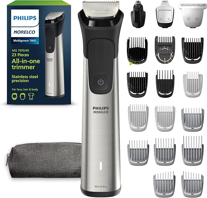 Norelco Philips All-in-One 7000 Series 23-Piece Trimmer - Electric Shaver and Clipper for Face, Beard, Head & Body, Self-Sharpening Titanium Blades, 26 Length Settings (0.5-16 mm), MG7970/49