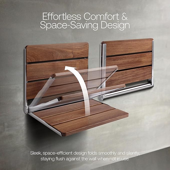 Homewell 18" Folding Shower Seat - Wall Mounted Burmese Teak Wood Shower Seat, 330lbs Capacity - Foldable Shower Chair for Extra Comfort, Seniors, Pregnant & Multi-Purpose Use (Stainless Steel)