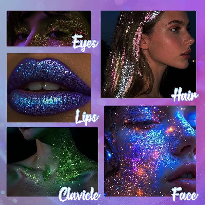 Purple Rolling Glitter for Face Body & Hair, Sparkling Holographic Chunky Shimmer, Roll-on Sequins for Singer Concert Rave Festival Halloween Party Mardi Gras Carnival, 1.35fl.oz
