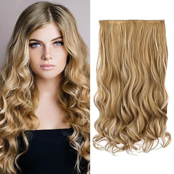 REECHO 20" 1-pack 3/4 Full Head Curly Wave Clips in on Synthetic Hair Extensions HE008 Hair pieces for Women 5 Clips 4.5 Oz Per Piece - Medium Blonde with Blonde Highlights