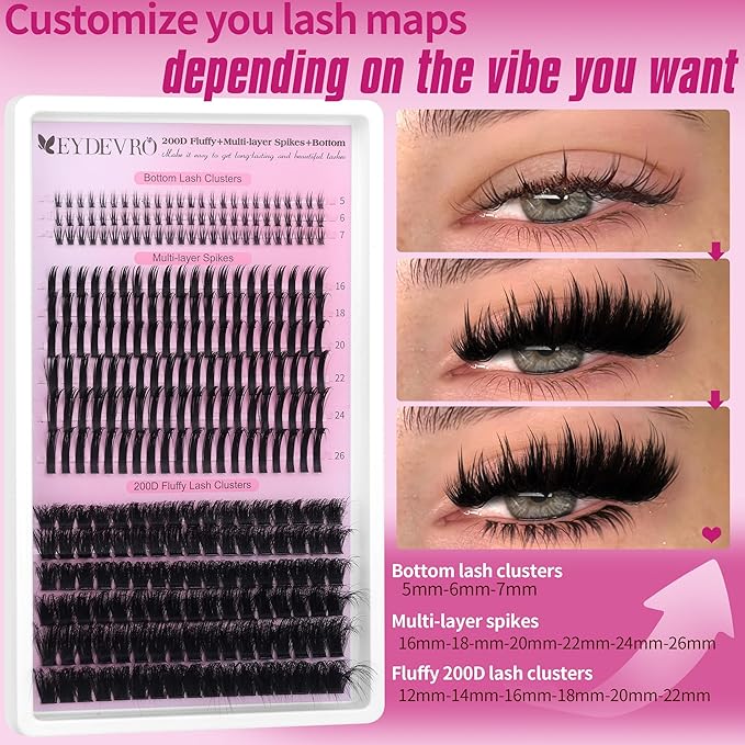 EYDEVRO Volume Lash Clusters with Spikes Eyelash Clusters with Bottom Lashes Look Like Lash Extensions 12-22mm Fluffy 200D Cluster Lashes 16-26mm Spikes Individual Lashes 5-6mm Bottom Lash Clusters