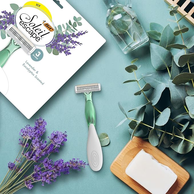 BIC Soleil 3 Escape Scented Women's Disposable Razors, 3 Blades, Comfortable Shave, Lavender & Eucalyptus Scented Handle Shaving Razors for Women, 4 Count