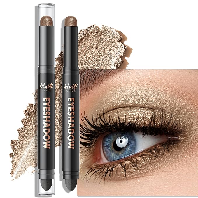 Dual-Ended Taupe Shimmer Eyeshadow Stick - Long-Lasting Cream Eye Shadow Stick Crease-Proof Metallic Eyeshadow Pencil, Easily Blendable Multi-Use Eye Highlighter Makeup with Built-in Smudger, 16