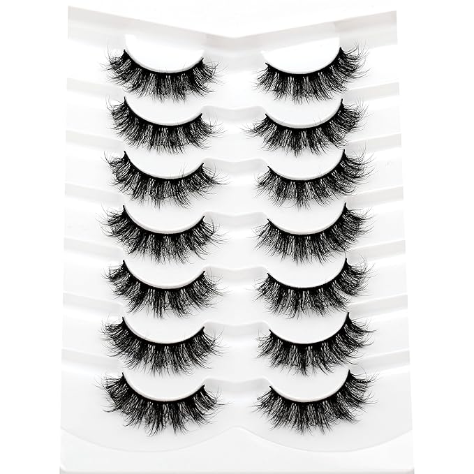 Pooplunch False Eyelashes Round Eye Lashes 8D Volume Fluffy Short Thick Crossed Natural Faux Mink Lashes Fake Eyelash Strips 7 Pairs Pack