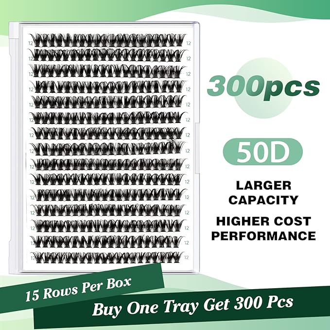 Lash Clusters 300pcs Eyelash Clusters 50D 0.07D Curl 12mm DIY Eyelash Extension KEYYOU Large Tray Volume Soft&Natural Individual Lashes(50D-0.07D,12)