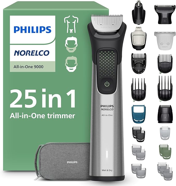 Philips Norelco All-in-One 9000 Series 25-Piece Trimmer - Electric Shaver and Clipper for Face, Beard, Head & Body, Self-sharpening Full Metal Blades, 27 Length Settings (0.5-20 mm), MG9580/40