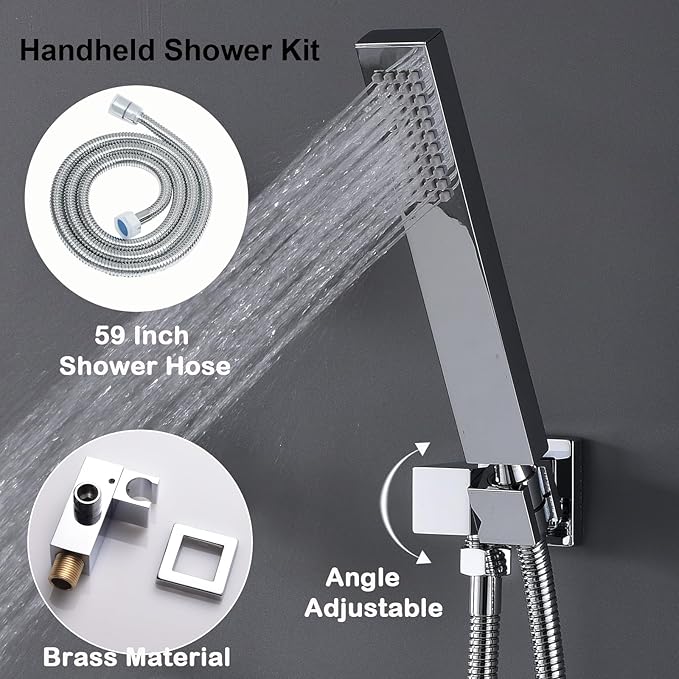 HONGTONGSOWER Bathroom Rainfall Shower System Wall Mount 8 Inch Shower Head With Handled Spray 6 Pcs jets Temperature Display Shower Faucet Set (Chrome)
