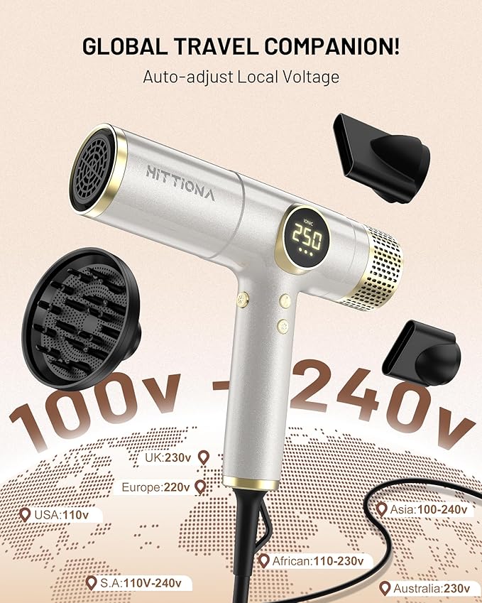 HITTIONA Dual Voltage Travel Hair Dryer with Magnetic Diffuser - 2000W High-Speed Ionic Hair Dryers Gift for Women, Fast Drying, Low Noise, Lightweight, No Heat Damage, European Travel 110V-240V, Gold