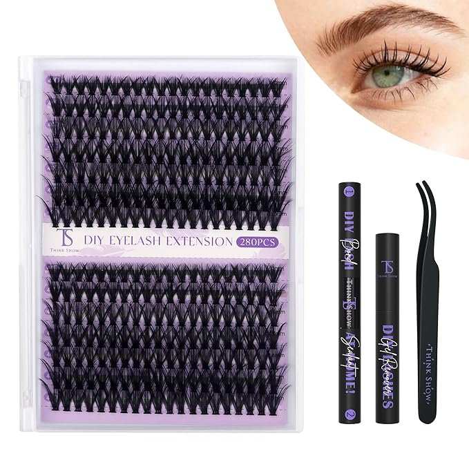THINK SHOW Lash Clusters Kit 40D 9-16mm 280pcs Natural Eyelash Extension Kit with Bond and Seal,Tweezers,Remover Individual Lashes Clusters for Beginners and Self Use (40D)