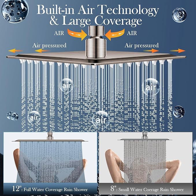 12'' Rain Shower Head Combo, High Pressure Rainfall Shower Head with 16'' Flexible Height/Angle Adjustable Extension Arm, 5 Setting Spray Hand held Shower Head, Nickel