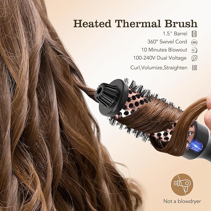 Thermal Brush, 1.5 inch Heated Round Brush Hair Curling Brush for Natural Curl, Straightener and Curler 2 in 1, Negative Ion Technology, 9 Temperature Settings, Dual Voltage for Travel, Black
