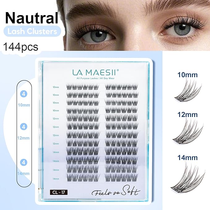 144Pcs Lash Clusters, Wispy Natural Eyelash Clusters, C Curl 10-14mm Individual Lashes Eyelash Extension,Large Tray(PL17)
