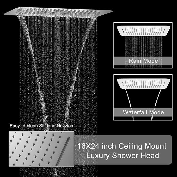 KATAIS Polished Chrome Shower System with Digital Temperature Display, 16x24 inch Ceiling Shower(Rain&Waterfall Modes), with 6 PCS Body Jet and Handheld Spray