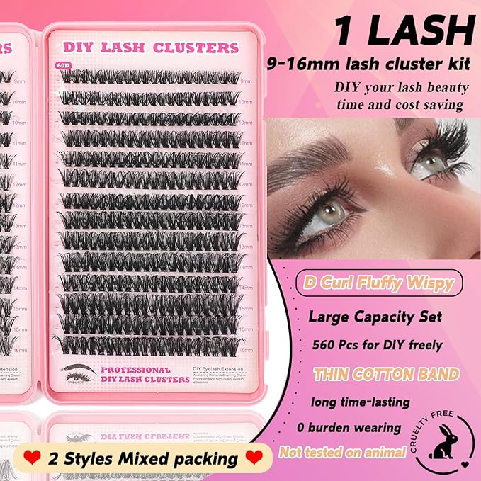Lash Clusters Kit, 560 Pcs Eyelashes Clusters Kit 9-16mm Individual Lash Extension Kit D Curl Fluffy Wispy False Eyelashes (50D+60D, Lash Clusters)