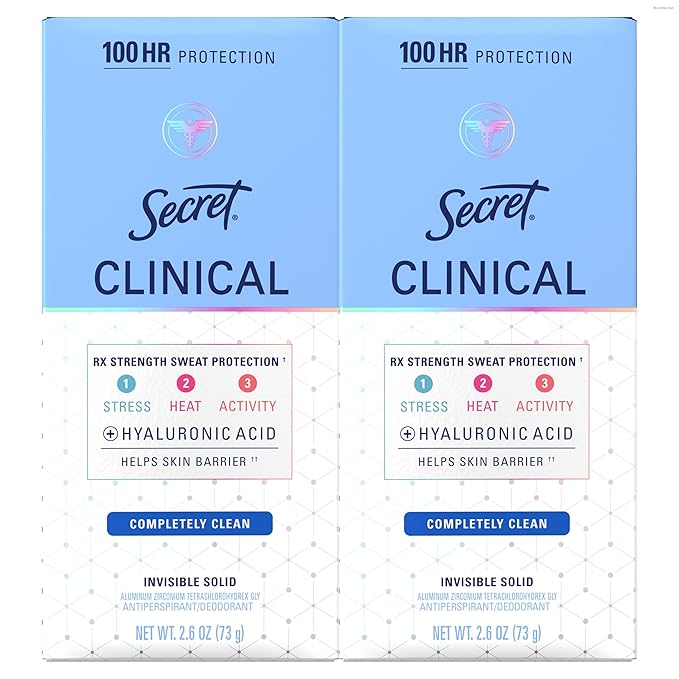 Secret Clinical Strength Antiperspirant Deodorant for Women, 100hr Sweat & Odor Protection, 3X Stress Protection with Hyaluronic Acid, Invisible Solid, Completely Clean Scent, 2.6 oz (Pack of 2)