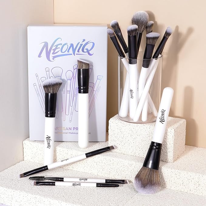 NEONIQ 14 PCS Professional Makeup Brushes, Makeup Brush Set, Foundation Powder Blending Concealer Eyeshadows Blush Cosmetics Brushes,Versatile Face Make Up Tools For Liquid, Cream, Loose(White)