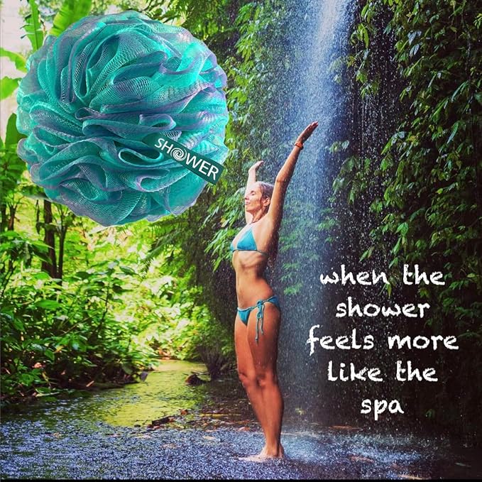 SHOWER BOUQUET Loofah-Bath-Sponge XL Swirl-Mix-Color 4-Pack // Extra-Large 75g Mesh Luffa Loofa Loufa Puff Pouf Set/Exfoliating Body Scrubber for Women and Men - Exfoliate & Soothe Face & Body