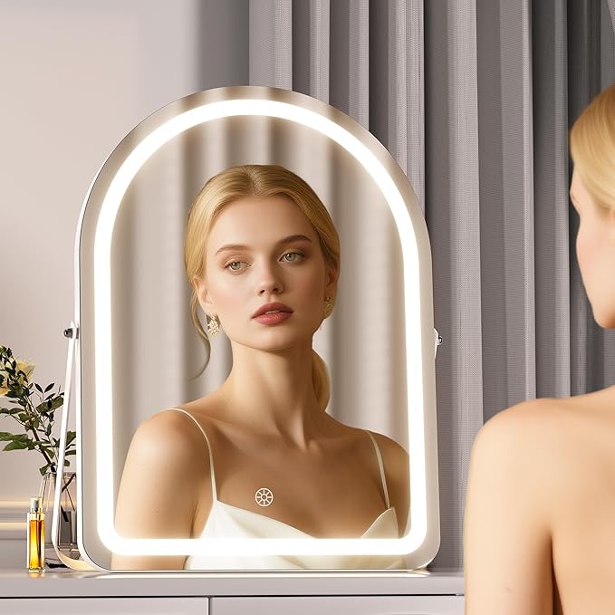 MINISO Vanity Mirror with Lights-14" x 18" Arched Makeup Mirror with 3 Color Lights, Adjustable Brightness, 10X Magnification