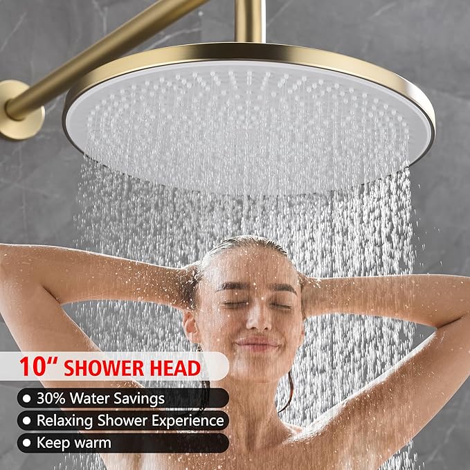 sumerain Rain Shower System with 10 inch Rainfall Shower Head,Brushed Gold Shower Faucet Complete Set with Rough-in Valve and Trim Kit