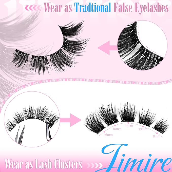 JIMIRE False Eyelashes Natural Look Wispy Lash Clusters Manga Cat Eye Lashes 15MM Mink Lashes Fluffy Russian D Curly Strip Lashes Look Like Lash Extensions Pestañas 7 Pairs Pack