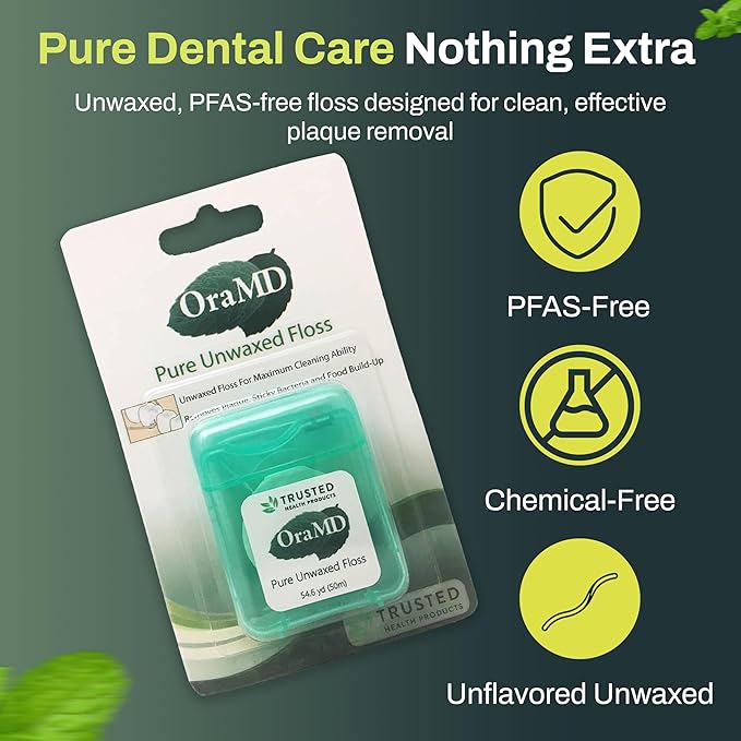 OraMD Oral Care Pure Unwaxed Dental Floss 54.6 Yards - PFAS-Free, Chemical Free, Shred Resistant - Unscented and Ultraclean Plaque Removal - Teeth and Gum Protection for Adults - Pack of 6