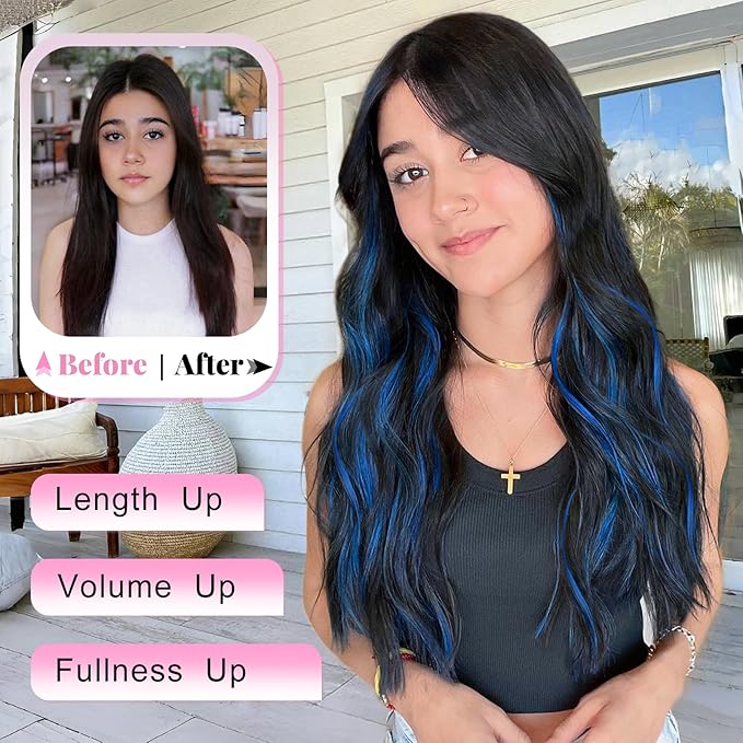 ALXNAN Clip in Long Wavy Synthetic Hair Extension 24 Inch Black Mix Blue Highlights 4PCS Thick Hairpieces Fiber Double Weft Hair for Women