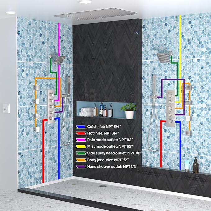 HOMEDEC Couples Luxury Shower System, 16x32" Rain and 6" Side Shower Heads, 4-Way Diverter Valves Multi-Function Shower Faucet Set, Brushed Nickel