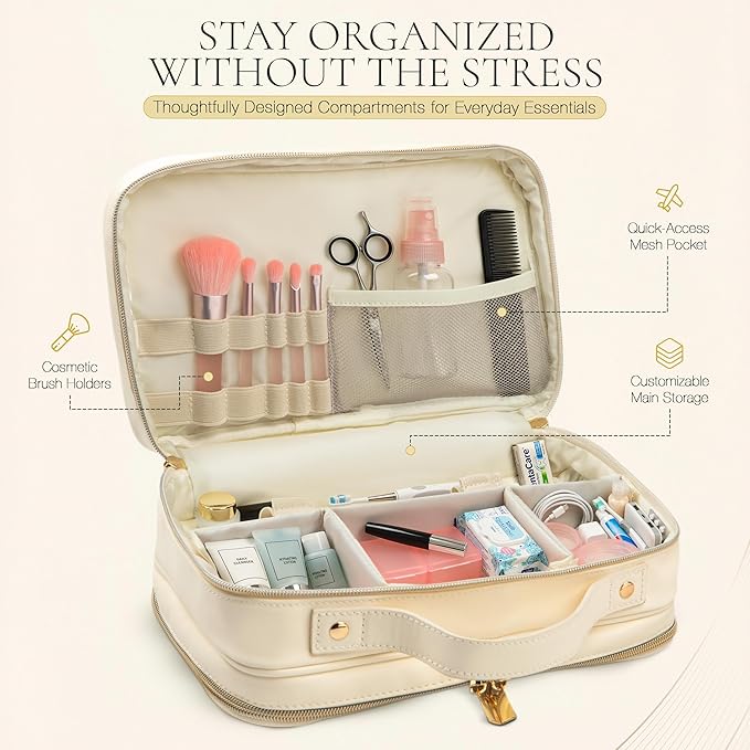 OPEAL Women’s Travel Makeup Organizer – Waterproof Modular Cosmetic Case with Compartments, Elegant Toiletry Bag for Carry-On & Daily Essentials, Cream