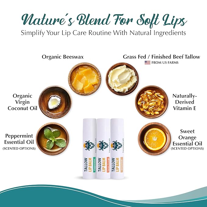 Tallowbourn Moisturizing Tallow Lip Balm – Grass-Fed Beef Tallow with Organic Coconut Oil, Beeswax, and Vitamin E – Lip Balm Set – Variety Pack – Travel Essential – 3-Pack
