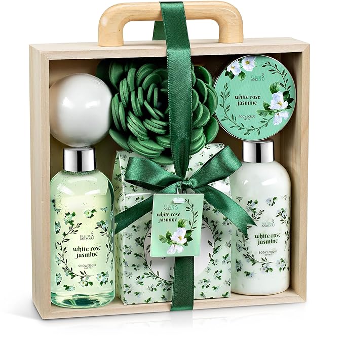 Deluxe White Rose Jasmine Spa Basket Home Spa Set with Shower Gel, Body Lotion, Bath Salts, Body Scrub, Bath Bomb and Bath Puff in Wooden Curio