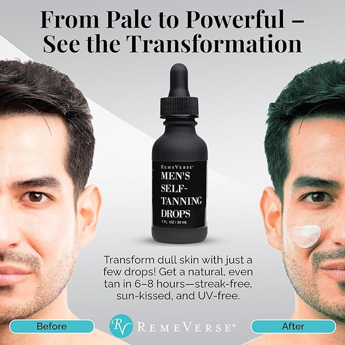 RemeVerse Men’s Self-Tanning Drops - Achieve Natural-Looking Even Skin Tone with Customizable Sunless Tanner for Men - Post-Shave Skin Protection - Ideal for All Skin Types and Tones - 1 oz