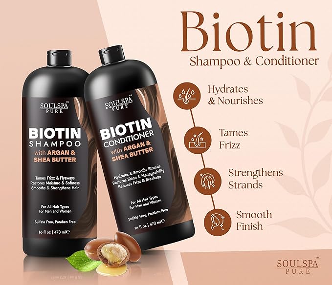 Biotin Shampoo and Conditioner Set with Argan & Shea Butter | Moisturizing & Thickeing Formula | Sulfate free Shampoo and Conditioner for Curly, Dry or Damaged Hair | SOULSPA PURE – 16 fl oz Each
