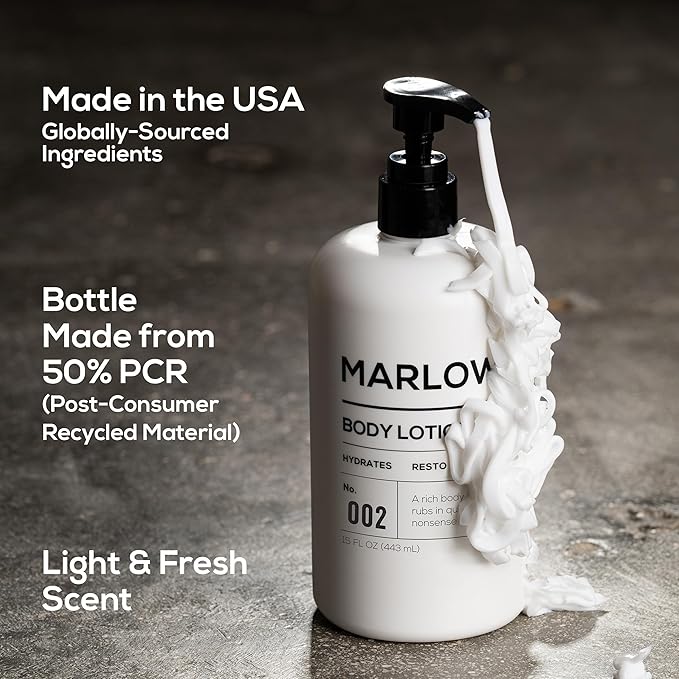 MARLOWE. No. 002 Body Lotion 15 oz Pump, Original, Revitalizing Dry Skin Lotion with Aloe Vera & Amino Acids, Hydrates & Nourishes, Lightly Scented