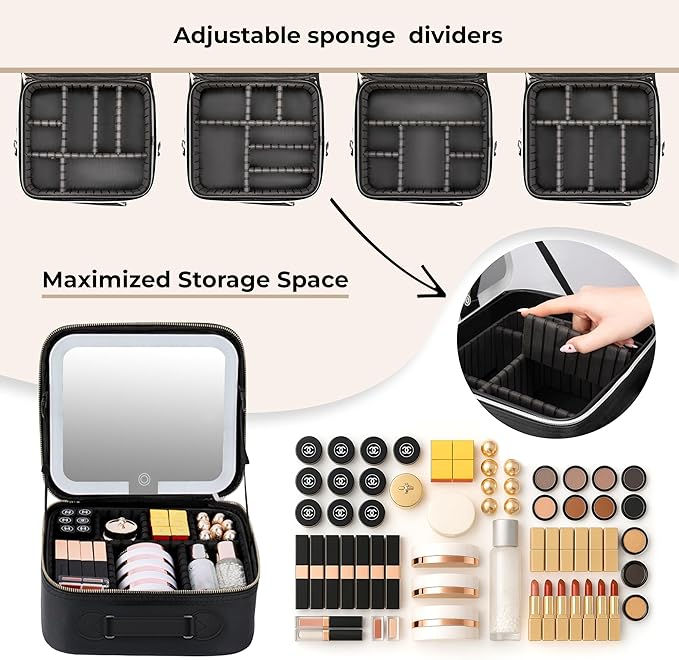 BeautyOnBoard Makeup Bag with LED Mirror, PU Leather Makeup Case - 3 Adjustable Brightness Levels, Lighted Cosmetic Case with Mirror, Dividers - Make Up Portable Storage Travel Organizer with Handle