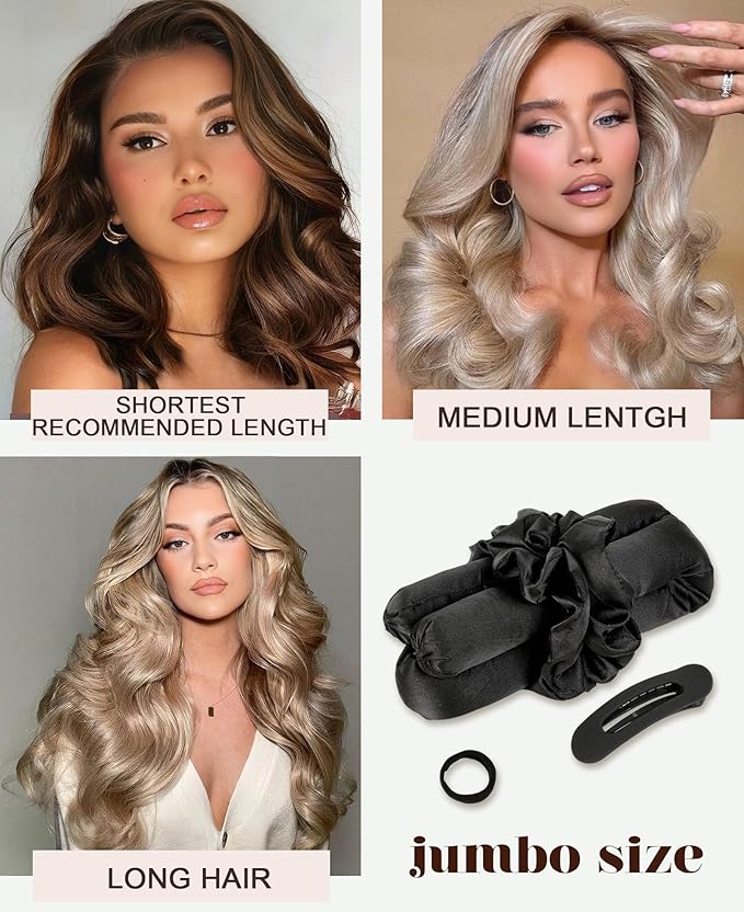 Jumbo Heatless Curls Overnight Hair Curler to Sleep In Soft Satin Large Hair Rollers Flexi Rods for Long Hair Blowout Look Big Curl, No Heat Overnight Curls, Heatless Curling Rod Set with Claw Clip