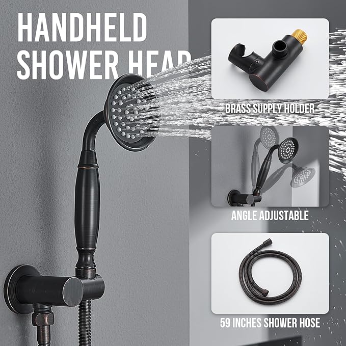 DASAN Antique Shower Faucet Set Complete Rain Shower System in Wall with Body Shower Spray Jets, Oil Rubbed Bronze Shower Fixtures with Rainfall Overhead Shower, Handheld, Valve & Trim Kit, AT249W-ORB