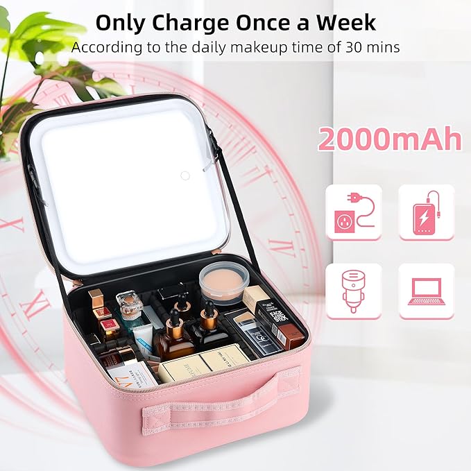 ZhenGuiRu Travel Makeup Bag with LED Mirror – Waterproof Cosmetic Train Case with Adjustable Dividers, Portable Makeup Organizer and Toiletry Bag for Women, Teens & Girls Gift, Pink