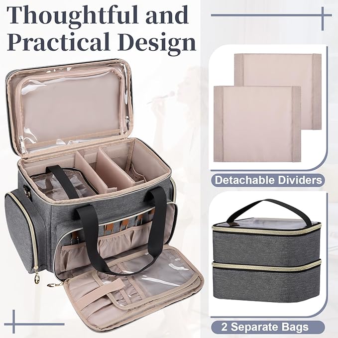 GDNasist Large Makeup Bag, Portable Travel Makeup Bag Organizer for Women Girls with 2 Removable Pouches & Detachable Dividers, Cosmetic Travel Bag, Toiletry Bag for Makeup and Hair Supplies Grey